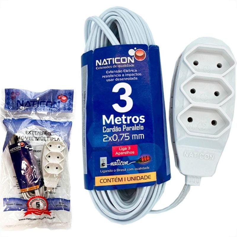 Extensão PP 2P+T 3x0,75mm 3 Metros Branca - Naticon