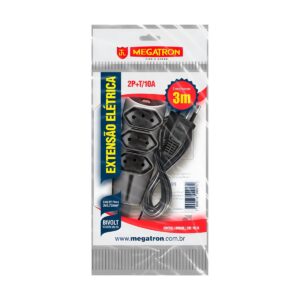 Extensão PP Plano 3x0,75mm 3 Tomadas 3mts Preta - Megatron