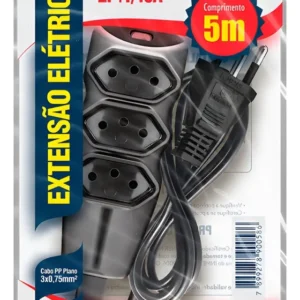 Extensão PP Plano 3x0,75mm 3 Tomadas 5mts Preta - Megatron